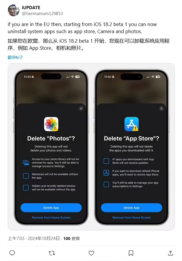 南和苹果手机维修分享iOS 18.2 支持删除 App Store 应用商店 